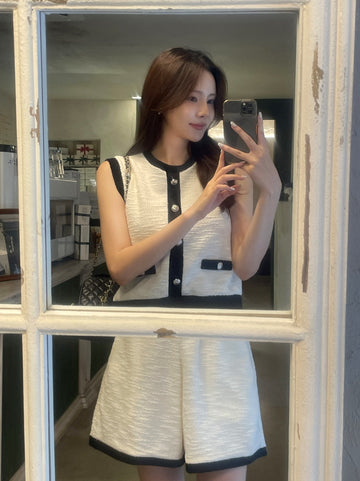 Mardi Color Matching Boucle Knit Sleeveless Banding Shorts Set